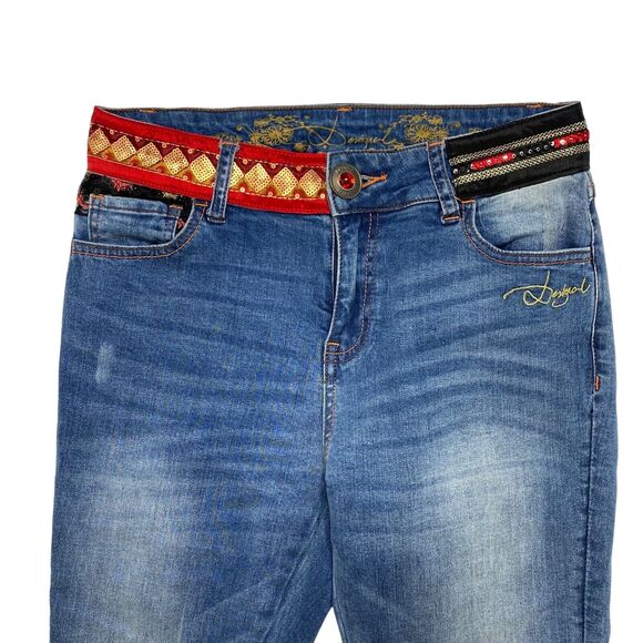 DESIGUAL Pakaian Jadi Wanita Sequin Embellished Crop Skinny Jeans Size 24 Red - Picture 3 of 10